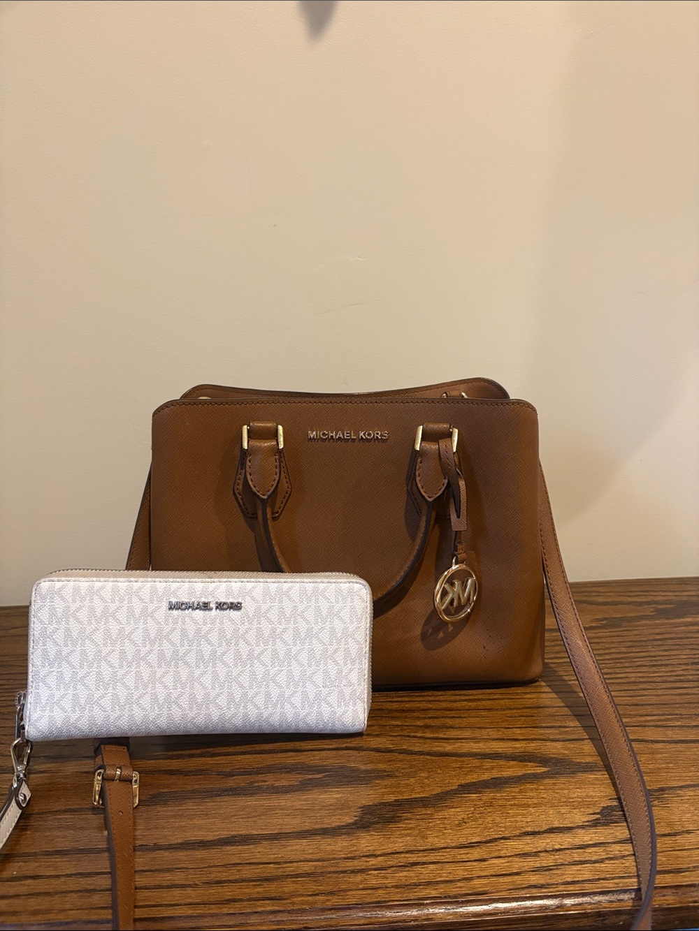 Michael Kors Brown Saffiano Satchel with White Logo Wallet